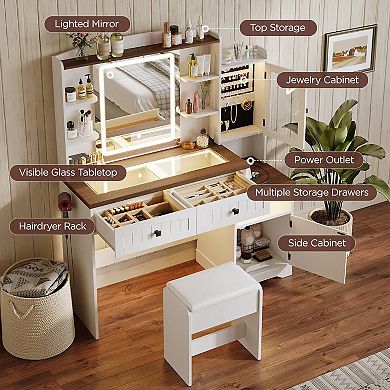 Makeup Vanity Desk with Glass Top, 2 Drawers + 2 Cabinets, Vanity Table with Lighted LED Mirror