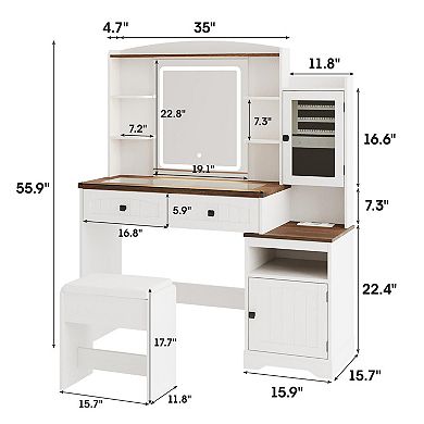 Makeup Vanity Desk with Glass Top, 2 Drawers + 2 Cabinets, Vanity Table with Lighted LED Mirror