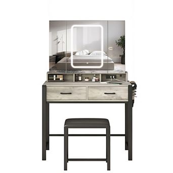 Makeup Vanity Desk with Tri-Fold Lighted Mirror & Charging Station, 2 Drawers + Hidden Shelves