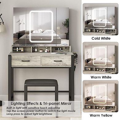 Makeup Vanity Desk with Tri-Fold Lighted Mirror & Charging Station, 2 Drawers + Hidden Shelves