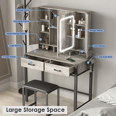 Makeup Vanity Desk with Tri-Fold Lighted Mirror & Charging Station, 2 Drawers + Hidden Shelves