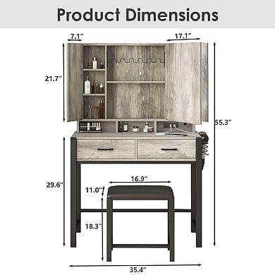 Makeup Vanity Desk with Tri-Fold Lighted Mirror & Charging Station, 2 Drawers + Hidden Shelves