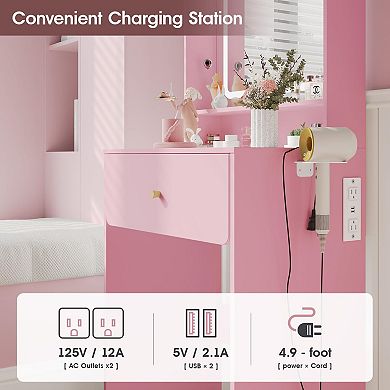 Makeup Vanity Desk Set, Vanity Table 3-Light Mirror + Charging Station for Small Space Bedroom
