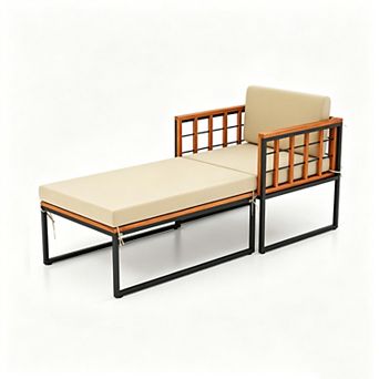Clihome Patio Acacia Wood Armchair with Long Ottoman & Cushions