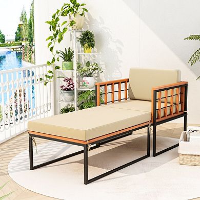 Clihome Patio Acacia Wood Armchair with Long Ottoman & Cushions