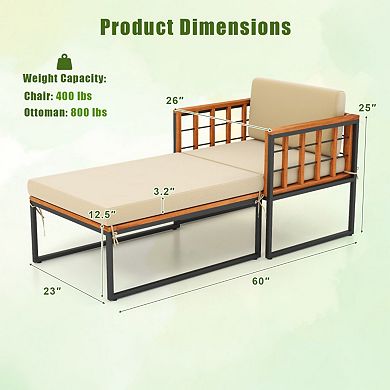 Clihome Patio Acacia Wood Armchair with Long Ottoman & Cushions