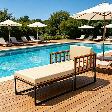 Clihome Patio Acacia Wood Armchair with Long Ottoman & Cushions