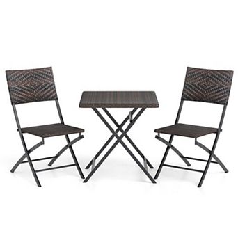 3 pc Rattan Bistro Set Outdoor Folding Dining Table and Chairs with Wicker Seat