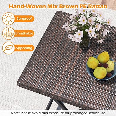 3 Piece Rattan Bistro Set Outdoor Folding Dining Table and Chairs with Wicker Seat