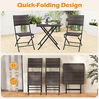 3 Piece Rattan Bistro Set Outdoor Folding Dining Table and Chairs with Wicker Seat