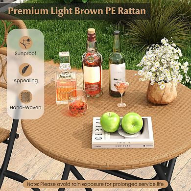 Clihome 3 Piece Patio Bistro Set Folding Round Table and Chairs with Wicker Seat
