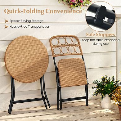 Clihome 3 Piece Patio Bistro Set Folding Round Table and Chairs with Wicker Seat