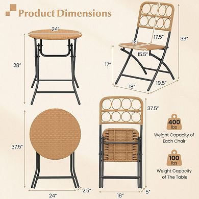 Clihome 3 Piece Patio Bistro Set Folding Round Table and Chairs with Wicker Seat