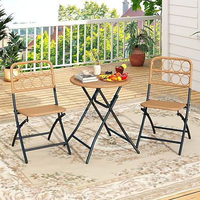 Clihome 3 Piece Patio Bistro Set Folding Round Table and Chairs with Wicker Seat