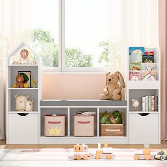 Kids Bookcase and Bookshelf with Reading Nook, Bookcase with 7 Storage Cubbies 2 Movable Drawers