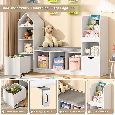 Kids Bookcase and Bookshelf with Reading Nook, Bookcase with 7 Storage Cubbies 2 Movable Drawers