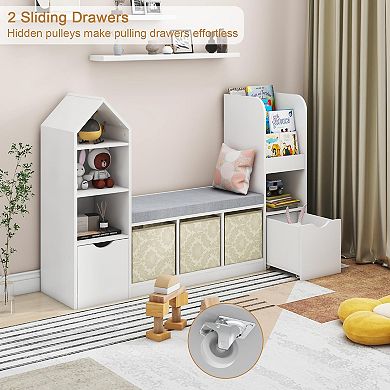 Kids Bookcase and Bookshelf with Reading Nook, Bookcase with 7 Storage Cubbies 2 Movable Drawers