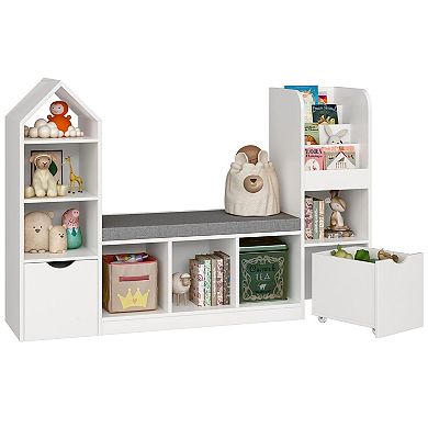 Kids Bookcase and Bookshelf with Reading Nook, Bookcase with 7 Storage Cubbies 2 Movable Drawers