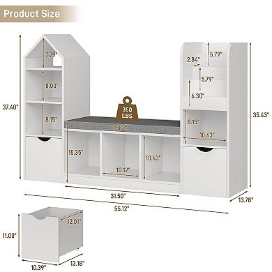Kids Bookcase and Bookshelf with Reading Nook, Bookcase with 7 Storage Cubbies 2 Movable Drawers