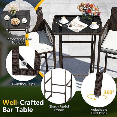 Clihome 3 Piece Patio Bar Set,Outdoor Wicker Bar Height Table and Armchairs with 2 Seat Cushions