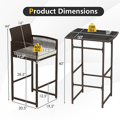 Clihome 3 Piece Patio Bar Set,Outdoor Wicker Bar Height Table and Armchairs with 2 Seat Cushions