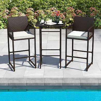 Clihome 3 Piece Patio Bar Set,Outdoor Wicker Bar Height Table and Armchairs with 2 Seat Cushions