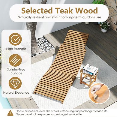 Clihome Teak Wood Patio Folding Chaise Lounge Chair with Slatted Seat