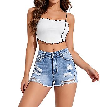 Womens High Waist Distressed Frayed Hem Slim Fit Casual Denim Shorts