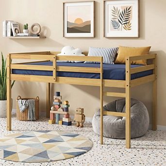 Sailvan Solid Wooden, Rubber Wooden Twin Loft Bed with Ladder, Bed Platform of Strengthened Slats