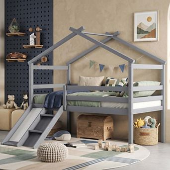 Sailvan Twin Low Loft House Bed with Slide, Ladder, Safety Guardrails, House Roof Frame