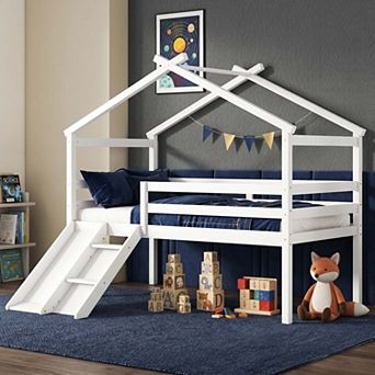 Sailvan Twin Low Loft House Bed with Slide, Ladder, Safety Guardrails, House Roof Frame