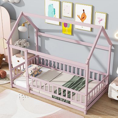 Sailvan Twin Size House Floor Wooden Bed with Roof Frame,Safety Guardrails