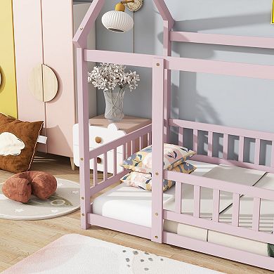 Sailvan Twin Size House Floor Wooden Bed with Roof Frame,Safety Guardrails