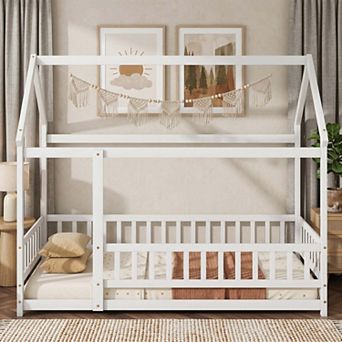 Sailvan Twin Size House Floor Wooden Bed with Roof Frame,Safety Guardrails