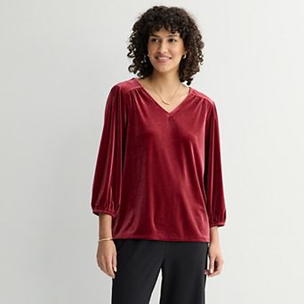 Petite Croft & Barrow® V-Neck Velvet Blouse with Puff Sleeves