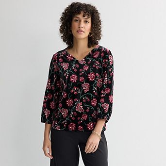 Petite Croft & Barrow® V-Neck Velvet Blouse with Puff Sleeves