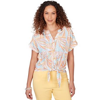 Hearts of Palm Women's Fun In The Sun Printed Eyelet Gauze T Sleeve Blouson With Tie Front