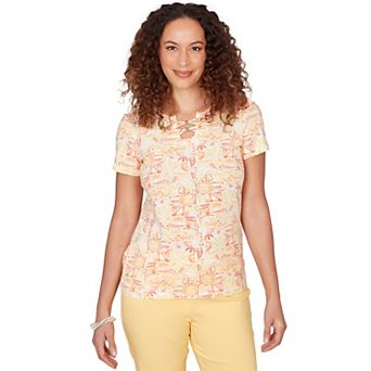 Hearts of Palm Women's Fun In The Sun Printed Stretch Jersey Short Sleeve Bead Neck Top