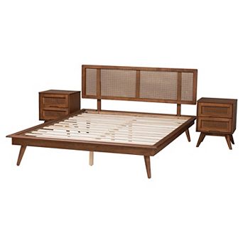 Baxton Studio Nura 3 pc Bedroom Set with Nightstands and Bed Frame