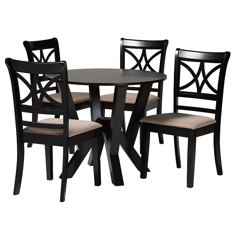 Baxton Studio Mari 5-Piece Dining Set with Round Table and Cross-Back Chairs, Beige Dark Brown