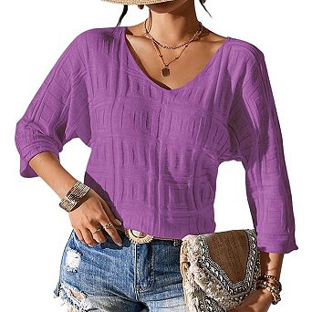 Women's V-Neck Textured Dolman Sleeve Top