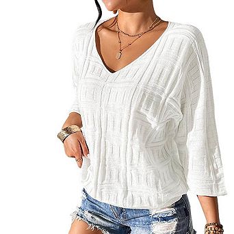 Women's V-Neck Textured Dolman Sleeve Top