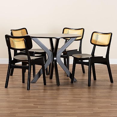 Baxton Studio Linnet 5-Piece Dining Set with Round Table & Cane-Back Chairs