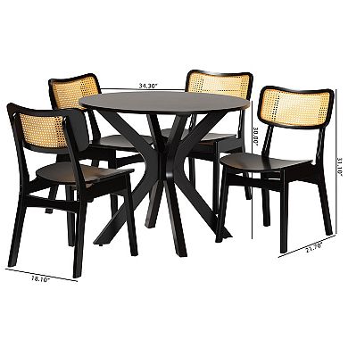 Baxton Studio Linnet 5-Piece Dining Set with Round Table & Cane-Back Chairs