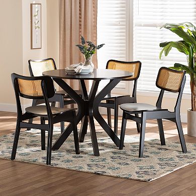 Baxton Studio Linnet 5-Piece Dining Set with Round Table & Cane-Back Chairs