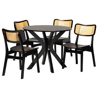 Baxton Studio Linnet 5 pc Dining Set with Round Table & Cane-Back Chairs