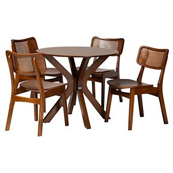 Baxton Studio Linnet 5 pc Dining Set with Round Table & Cane-Back Chairs