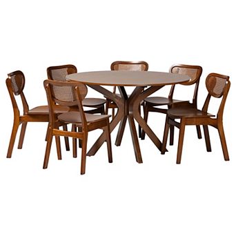 Baxton Studio Giuliana 7 pc Dining Set with Round Table and Cane-Back Chairs
