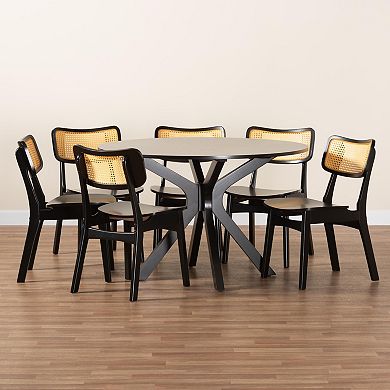 Baxton Studio Linnet 7-Piece Dining Set with Round Table and Cane-Back Chairs