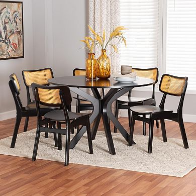 Baxton Studio Linnet 7-Piece Dining Set with Round Table and Cane-Back Chairs